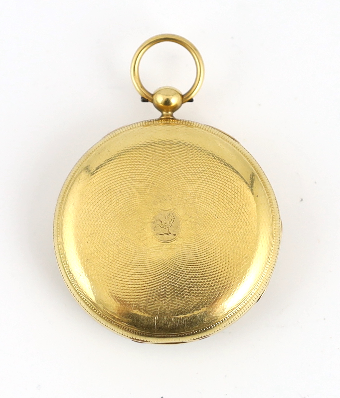 A Victorian engine turned 18ct gold open faced key wind pocket watch, by Grant of London